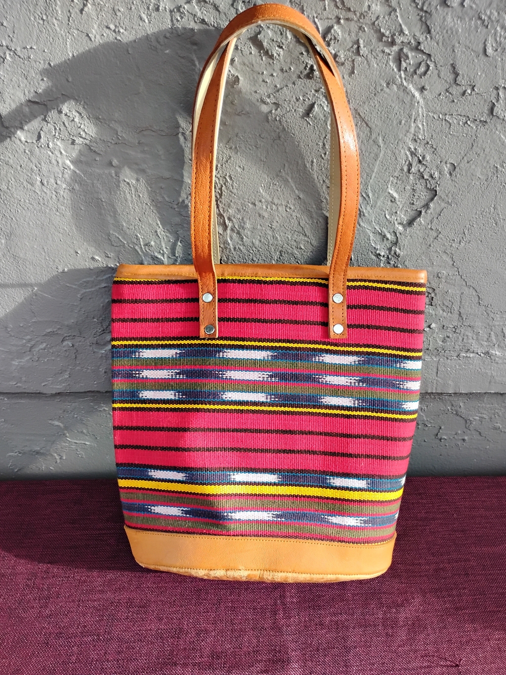Rare Handmade Pink Striped Tote with Tan Leather Handles